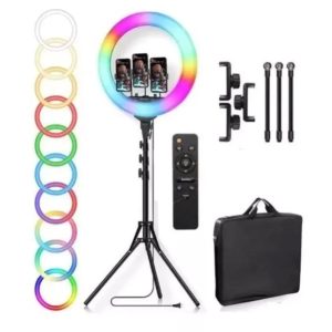 Aro De Luz Multicolor 45cm + Tripode + Soporte Para Celular Triple